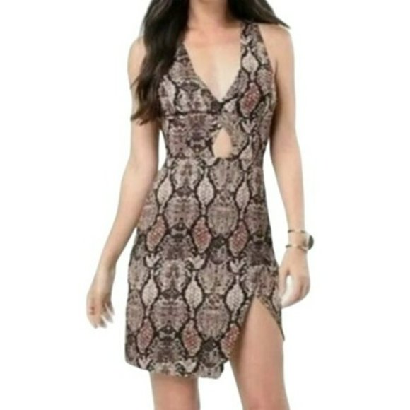 Bebe x Naven Dress Brown Black Faux Snakeskin Bodycon Deep V Mini Size 8 VR607 - Picture 2 of 11
